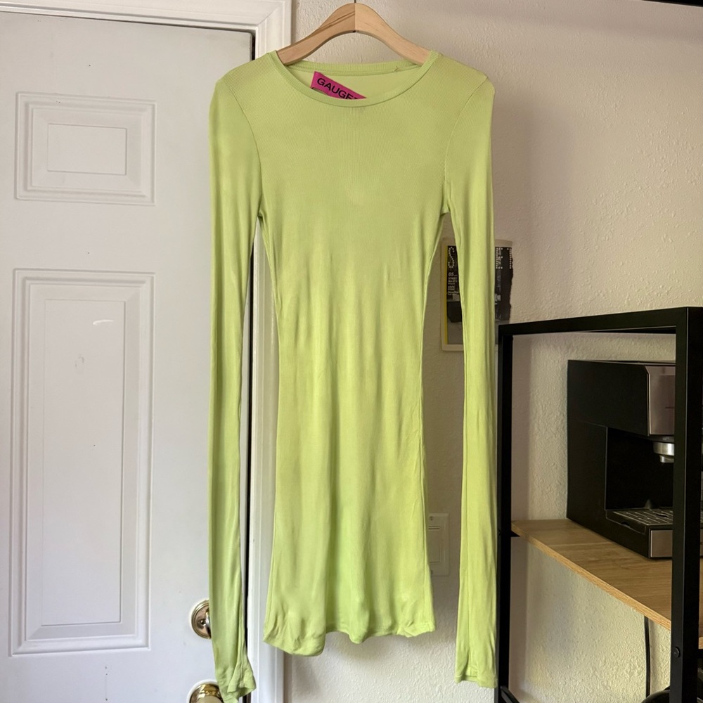 GAUGE81 lime neon green rib ribbed soft semi sheer stretchy long sleeve mini